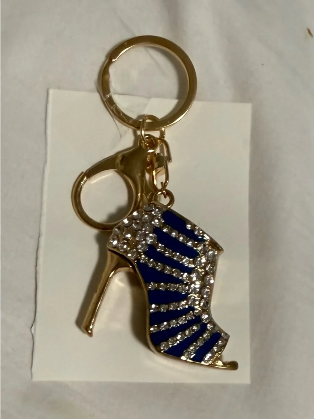 Keychain/Bag Charm Gold tone accents on a a blue heel shoe with rhinestones!